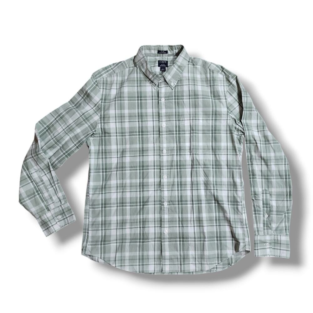 J.Crew Flex Washed Slim Untucked Moss Greem Plaid Button Down Shirt